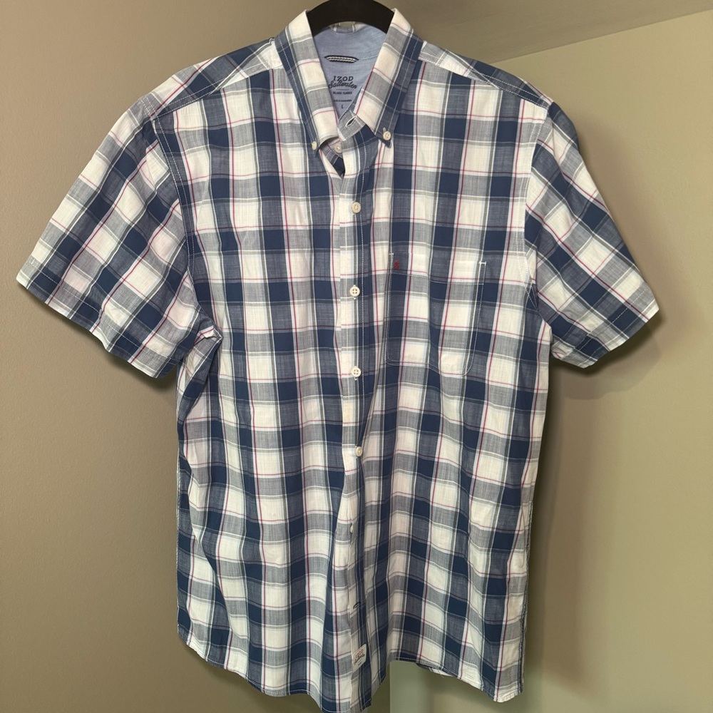 Men's Izod Saltwater Relaxed Classics Short‎ Sleeve Blue Plaid Button Down